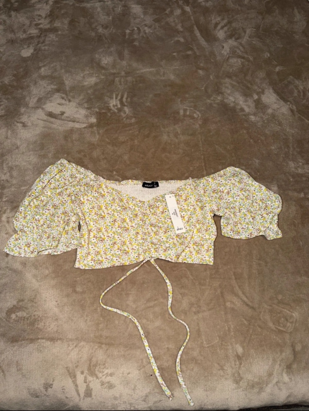 Kaii Yellow Floral Puff-Sleeve Tie-Front Crop Top with White Accents